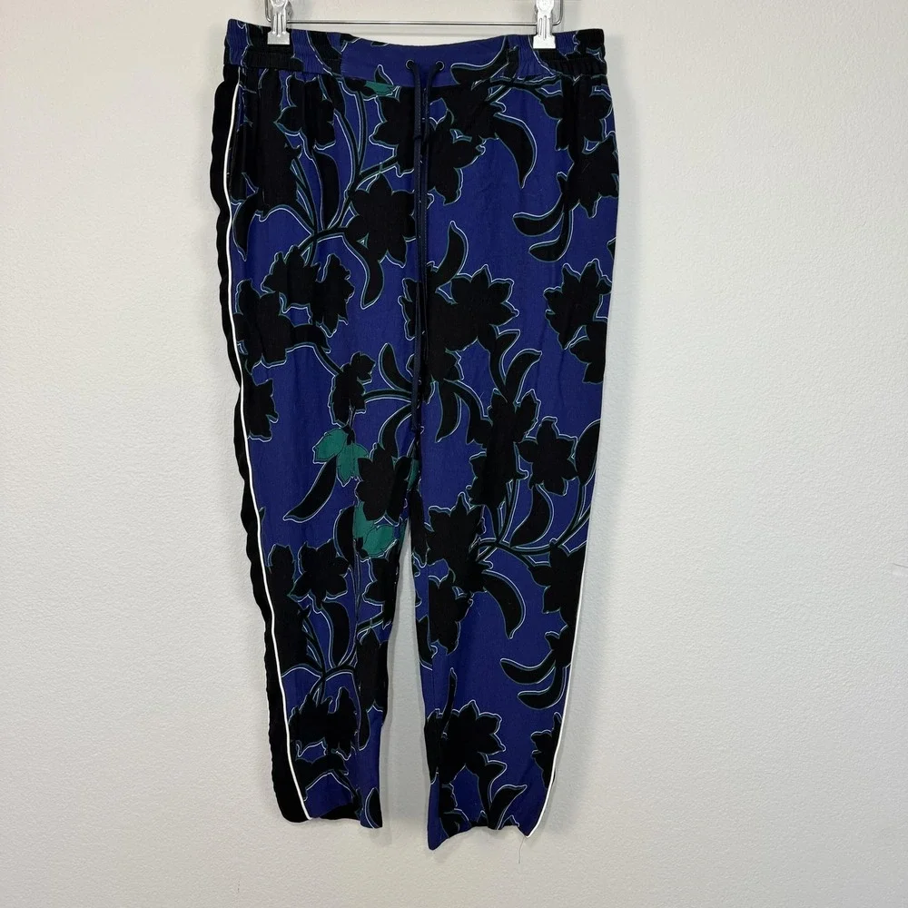 Parker‎ Pants Women's 10 Blue Floral Track Elastic Waist Drawstring Tapered